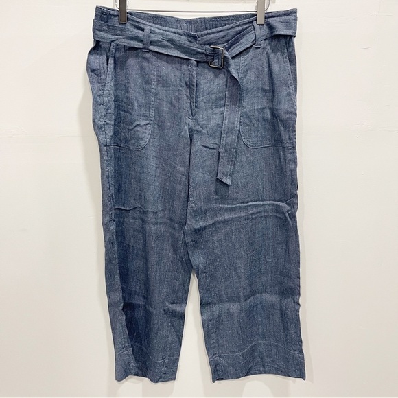 Loft Belted Linen Blend Wide Leg Culotte Pants in Blue Size Large - Picture 2 of 11